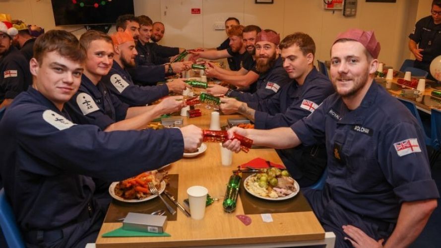 Crew Christmas lunch onboard HMS Queen Elizabeth, 5 deckfilled with decorations 06122021 CREDIT HMS QE Twitter.jpg