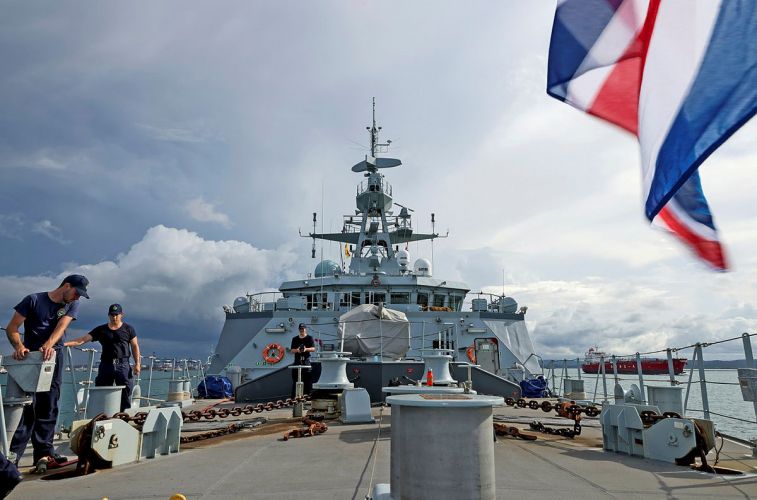 Crew onboard HMS Spey as the ship transits from the Atlantic Ocean entrance of the Panama Canal, heading to the Indo-Pacific region, providing a 5-year ongoing presence with HMS Tamar 031021 CREDIT MOD.jpg