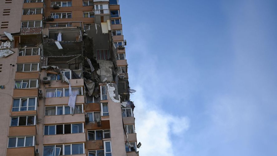 Damage to a building is seen after a rocket strike on an apartment building in Kyiv, Ukraine on Feb. 26, 2022 CREDIT Justin YauSipa USA ALAMY.jpg_.jpg