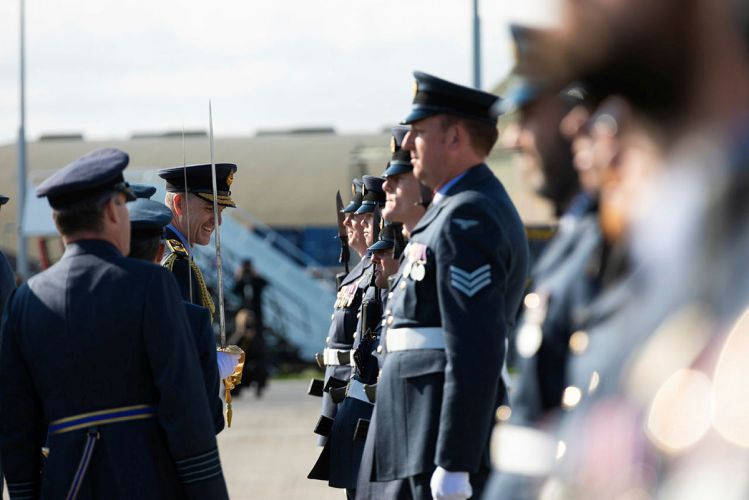 Deputy Commander Operations, Air Marshal Gerry Mayhew inspects the parade of 120 Squadron, accompanied by the Station Commander of RAF Lossiemouth 01092021 CREDIT MOD