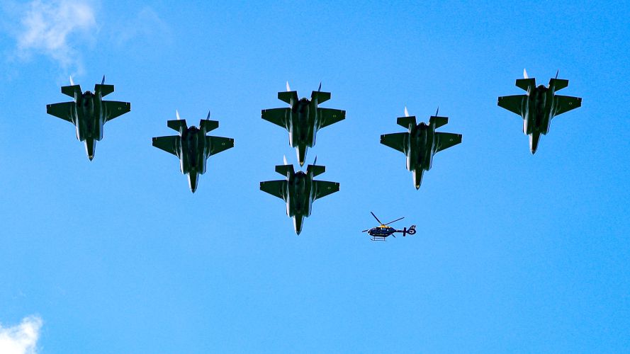 F-35B Lightning jets (with Juno helicopter) above RAF College Cranwell during rehearsal Coronation Flypast 25042023 CREDIT MOD Crown Copyright.jpg