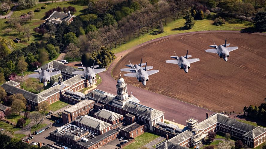 F-35B Lightning jets above RAF College Cranwell in a rehearsal Coronation Flypast 25042023 CREDIT MOD Crown Copyright.jpg