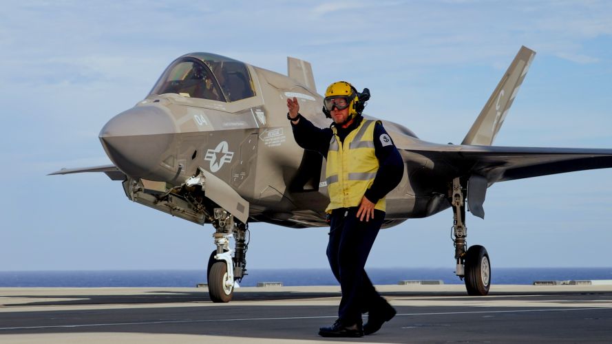 F-35B Lightning II jets from 617 Squadron and from US Marine Corps VMFA 211 embarked on the Royal Navy flagship HMS Queen Elizabeth have been conducting sorties 20210820 Credit MOD Crown Copyright.jpg