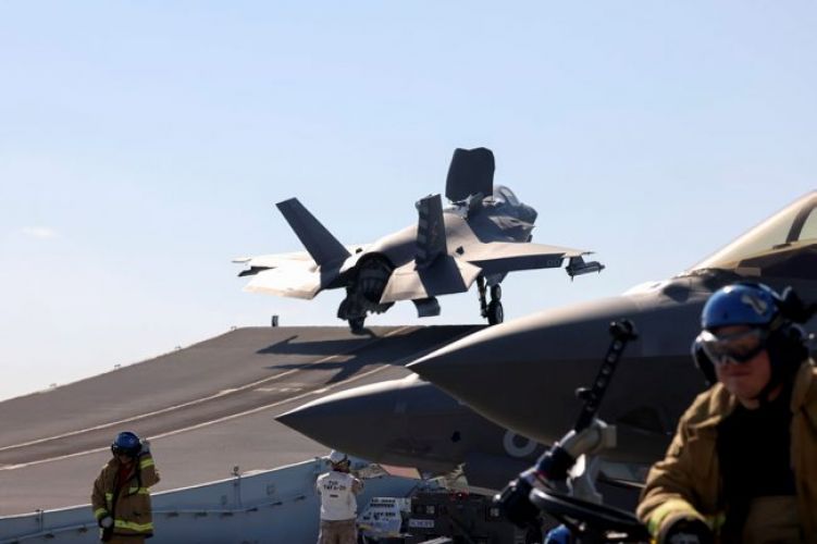 F35B Lightning Jet launch from HMS Queen Elizabeth as the UK Carrier Strike Group joins the fight against ISIS