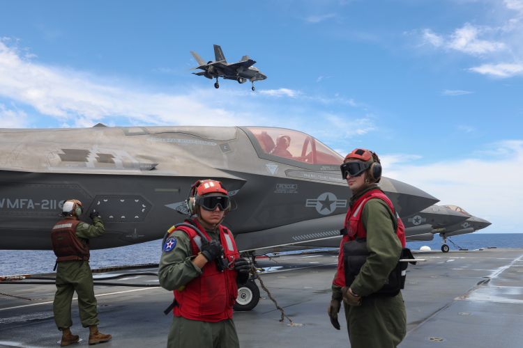 F35B Lightning Jet pilots of 617 Squadron conducts a fly pass HMS Queen Elizabeth 20210814 Credit MOD Crown Copyright.jpg
