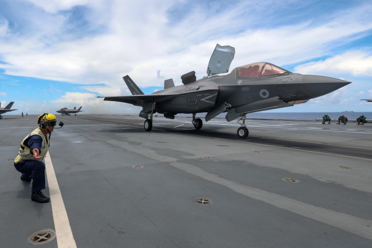 F-35B Lightning jet takes off from HMS Queen Elizabeth (Picture: MOD). F35B Lightning Jet pilots takes off from HMS Queen Elizabeth 617 Squadron welcome two pilots 20210814 Credit MOD Crown Copyright.jpg