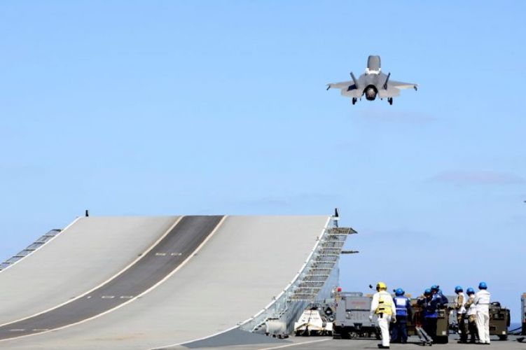F35B Lightning Jets launching from HMS Queen Elizabeth for its first combat mission as the UK Carrier Strike Group joins the fight against ISIS