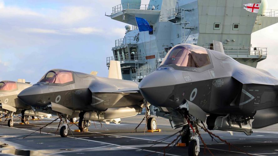 F35Bs on board HMS Queen Elizabeth sailing the flag of Nato for the first time 09112023 CREDIT Royal Navy