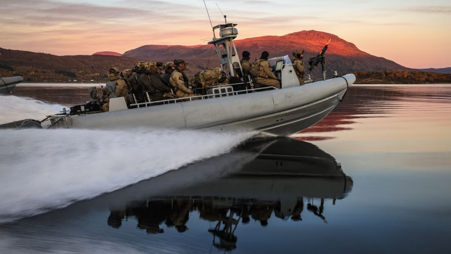 Royal Marines Commandos power in on board a Commando Raiding Craft in Norway (Picture: MOD) Royal Marines Commandos power in on board a Commando Raiding Craft in Norway