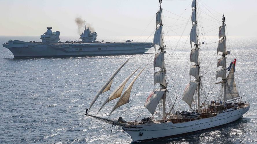 Royal Navy flagship HMS Queen Elizabeth sailed next to her Omani flagship counterpart, Shabab Oman II (Picture: HMSQE Twitter). Fleet Flag Ships sailed side-by-side in Oman, Shabab Oman II and HMS Queen Elizabeth 31102021 Credit HMSQE Twitter.jpeg