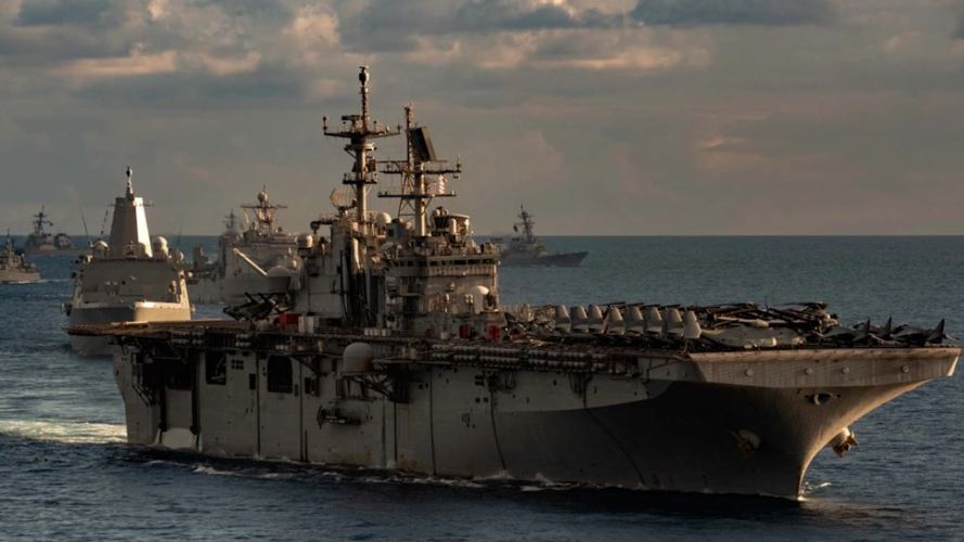 Gerald R Ford Carrier Strike Group sails in formation with the Bataan Amphibious Ready Group in the Mediterranean Sea (US Dept of Defense).