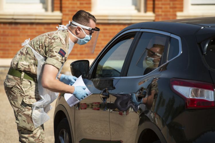 Grenadier Guards at vehicle based COVID19 Coronavirus mobile testing site in Dulwich 