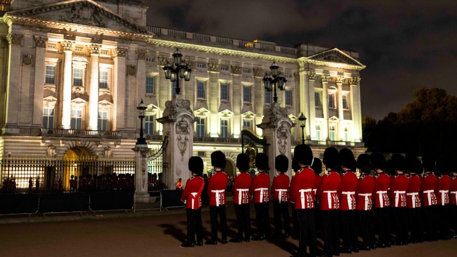 Guards stand in front of Buckingham Palace during rehearsals for HM The Queen's funeral (Picture: MOD).
