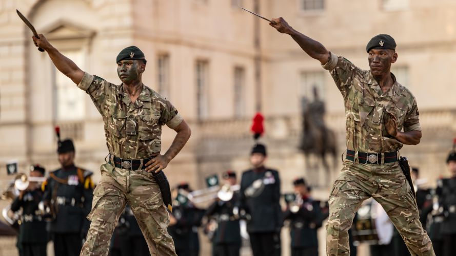 Up to 4,000 spectators saw the hundreds of musicians and military performers (Picture: MOD) Gurkha perform a traditional kukri display Horse Guards