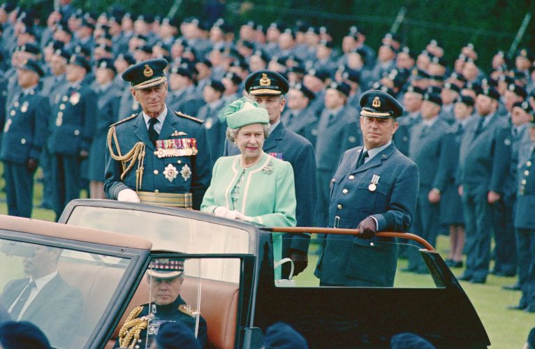 HM The Queen reviews a parade before the presentation of the new Royal Observer Corps Standard at RAF Bentley Priory 