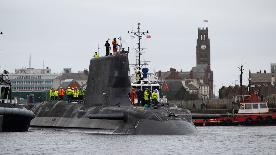 HMS Anson leaving BAE Systems Barrow in Furness fifth Astute-Class attack submarine begins sea trials 1 190223 CREDIT MOD