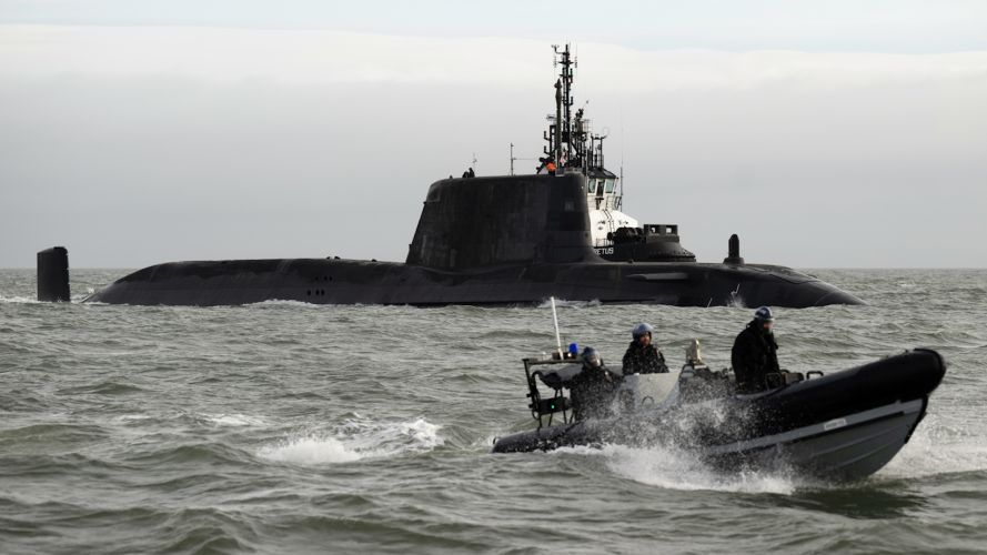 HMS Anson leaving BAE Systems Barrow in Furness fifth Astute-Class attack submarine begins sea trials 5 190223 CREDIT MOD