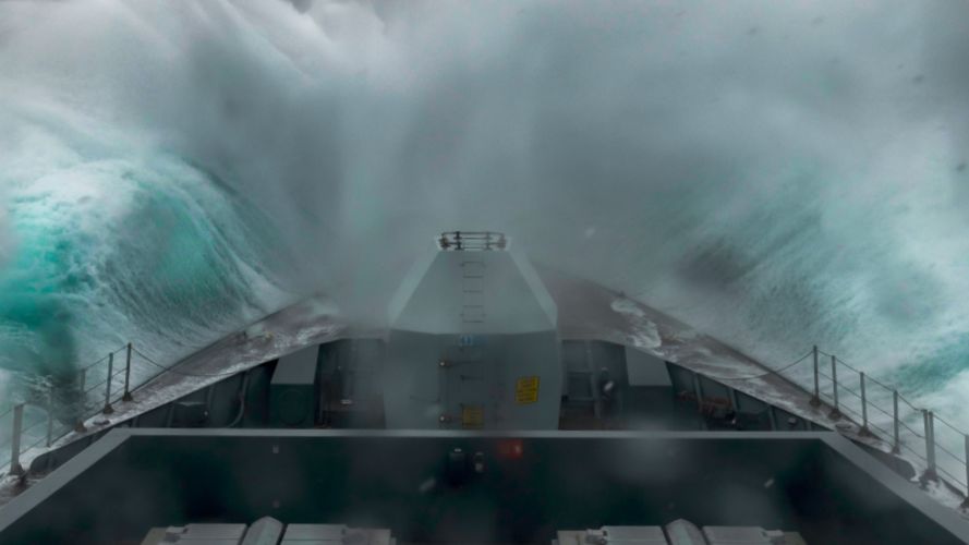 HMS Defender crashes through the Bay of Biscay waves on her way to the Mediterranean (Picture: MOD).