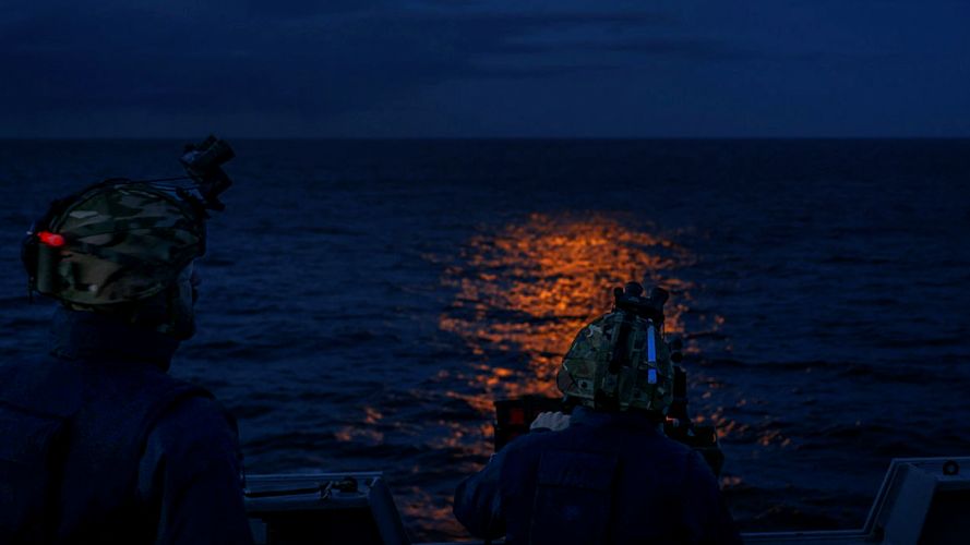 HMS Prince of Wales Gunnery Department carries out a gunnery exercise at sea, Small Arms Firing At Sea 23022024 CREDIT MOD