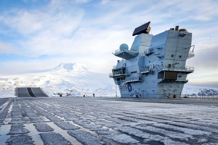 HMS Prince of Wales at volcanic island of Jan Mayen in Arctic Ocean 130422 CREDIT Royal Navy