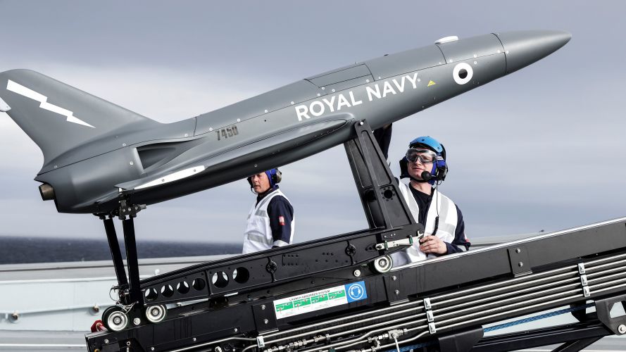HMS Prince of Wales crew operating on with Fixed-wing drone pre launch 24092021 Credit Royal Navy.jpg