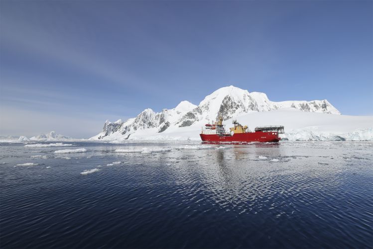 HMS Protector sails through the Lemaire Channel 