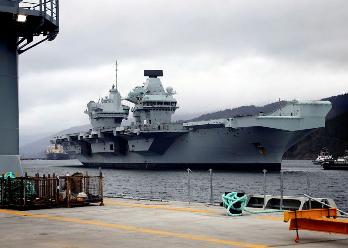 HMS Queen Elizabeth in the Firth of Clyde, Scotland, berthing at the Glen Mallan ammunition jetty 