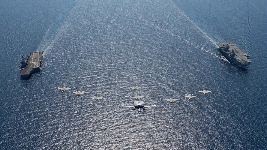 HMS Queen Elizabeth and CSG21 met up with French carrier FS Charles de Gaulle for training in the west Mediterranean in June (Picture: Royal Navy). HMS Queen Elizabeth met up with French carrier FS Charles de Gaulle for training in West Mediterranean 04062021 Credit Navy.jpg