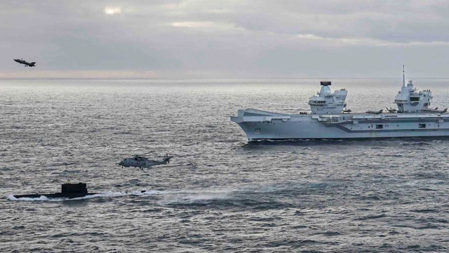 HMS Queen Elizabeth, HNoMS Utstein, 820NAS Merlin and a F35B taking off 09112023 CREDIT Royal Navy