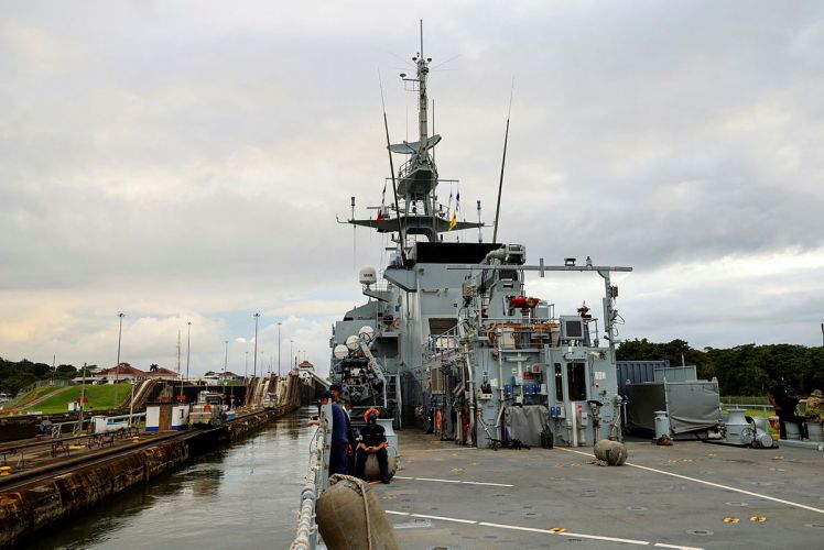 HMS Tamar and HMS Spey transiting from the Atlantic Ocean entrance of the Panama Canal as the ship heads on a 5-year ongoing presence in the Indo-Pacific region 031021 CREDIT MOD.jpg