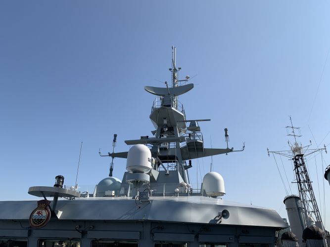 HMS Tamar satellite dish 140920 CREDIT BFBS
