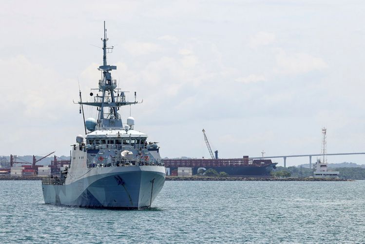 HMS Tamar transiting from the Atlantic Ocean entrance of the Panama Canal as the ship heads on a 5-year ongoing presence in the Indo-Pacific region with HMS Spey 021021 CREDIT MOD.jpg