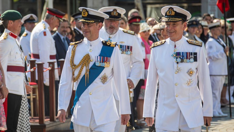 HRH (left) The Governor of Gibraltar (right) at The Queen’s Birthday Parade in front of The Earl and Countess 09062022 CREDIT MOD Crown.jpg