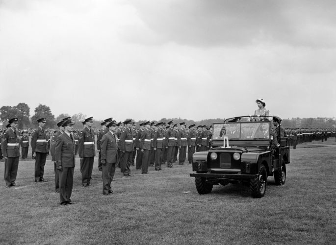 HRH Princess Elizabeth inspects the parade after presenting the first King's Colour of the Royal Air Force 