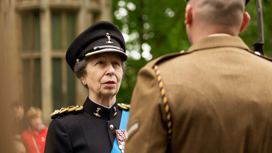 HRH The Princess Royal speaks to soldier at the 2 Signal Regiment York Freedom Parade 19052022 CREDIT MOD Crown Copyright.jpg