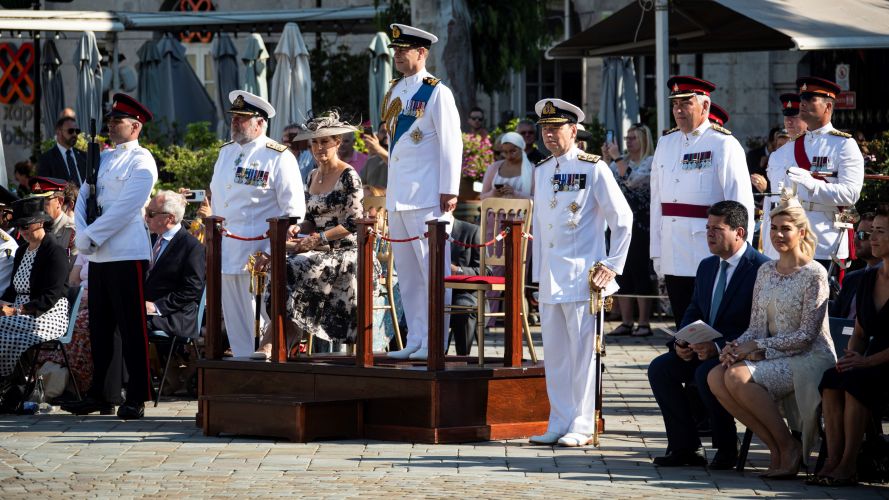 HRH on the Dias watching the Queen's Birthday parade in Gibraltar 09062022 CREDIT MOD Crown Copyright.jpg