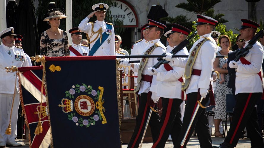 HRH takes the salute as the Colours of the Royal Gibraltar Regiment march past 09062022 CREDIT MOD Crown Copyright.jpg