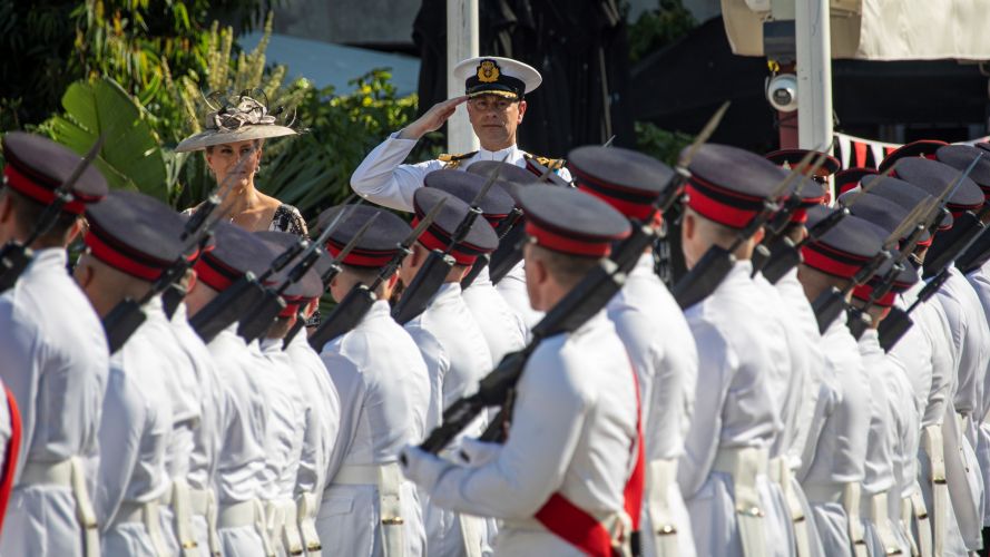 HRH taking the salute as the Colours of the Royal Gibraltar Regiment march past 09062022 CREDIT MOD Crown Copyright.jpg