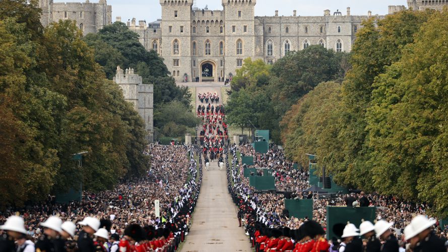	Her Majesty Queen Elizabeth II is driven along the “long walk” in her State Hearse in Windsor during Her Majesty's state funeral