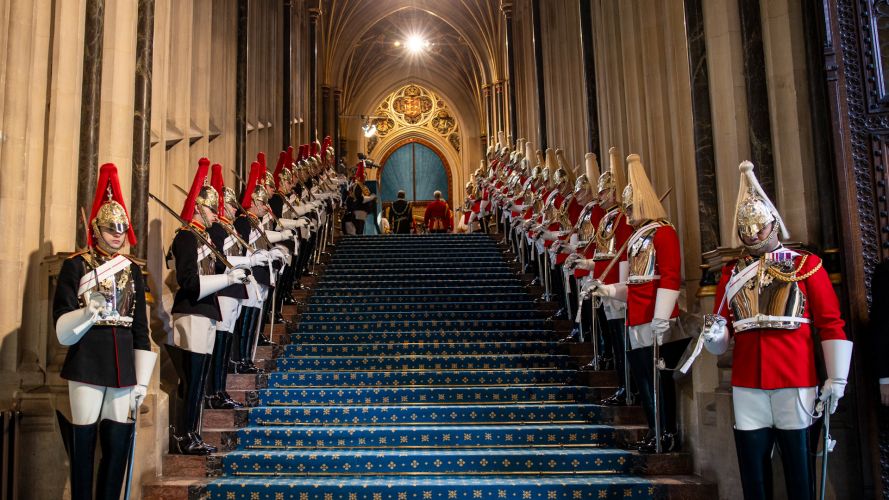 Household Cavalry Mounted Regiment cavalrymen line the steps of the House of Lords at the State Opening of Parliament (Picture: MOD). Household Cavalry Mounted Regiment cavalrymen line the steps of the House of Lords at the State Opening of Parliament (Picture: MOD).