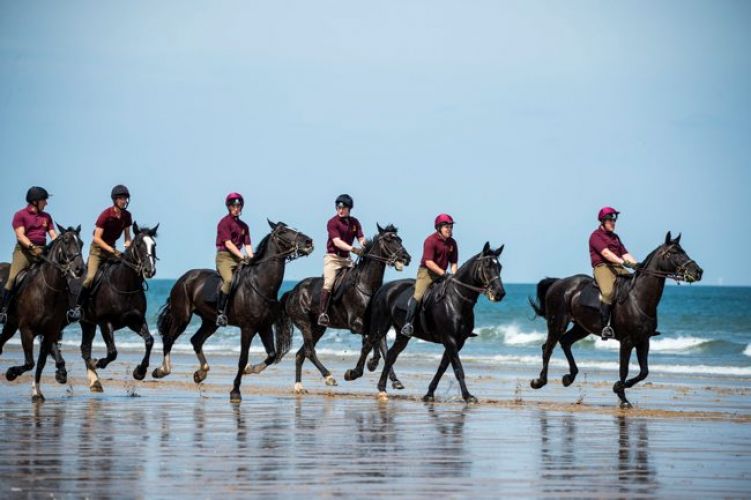 Household Cavalry on the beach in Norfolk - behind shot 050719 Credit MOD