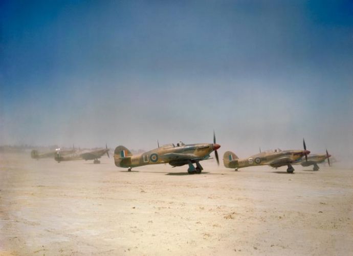 'Flying tin openers': Hurricane Mk IIDs of 6 Squadron prepare for take-off from Gabes in Tunisia, April 1943 (Picture: IWM).
