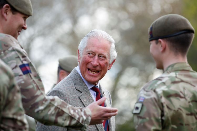 IMAGE ID 2FM160P Prince Charles addresses troops during visit to Welsh Guards at Combermere Barracks as regiment's colonel (Picture: Reuters/Peter Cziborra/Alamy Stock Photo).