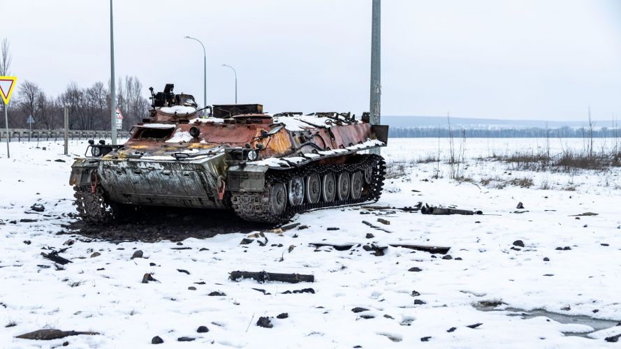 A disabled Russian armoured personnel carrier (APC) on the northern outskirts of Kharkiv, Ukraine, on 26 February 