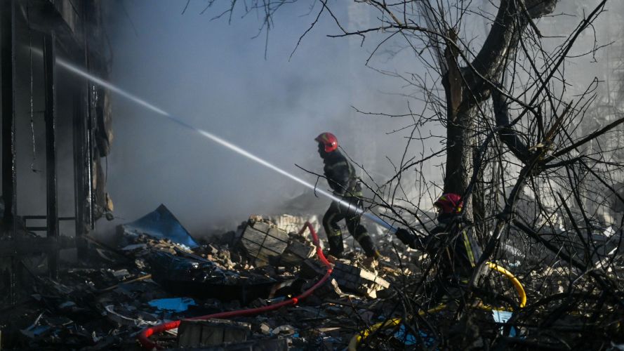 Image ID 2HTM3MF Firefighters respond to Russian rocket hit Kyiv TVTower killing five,citywide tvsignal outage CREDIT Justin Yau, SipaUSA,Alamy Stock.jpg