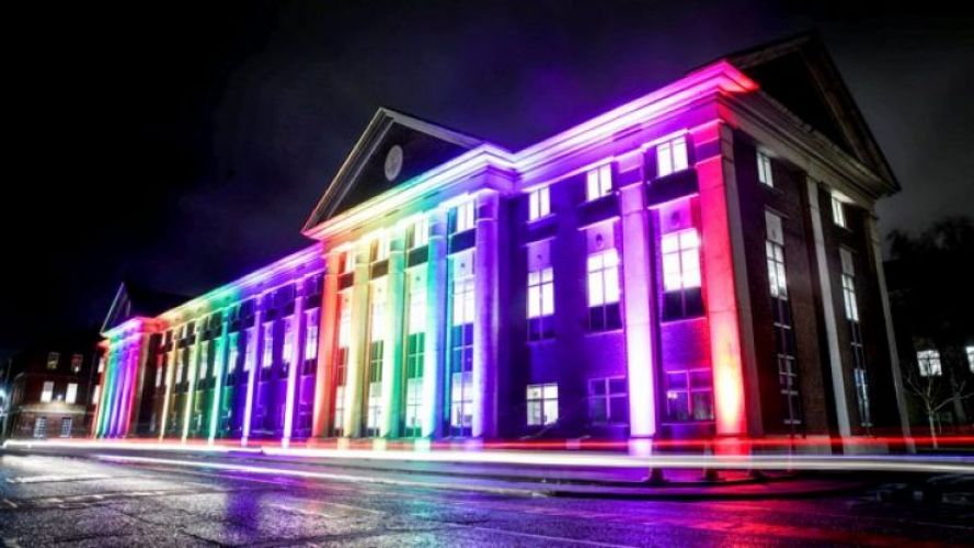 Victory Building at HM Naval Base Portsmouth, illuminated with rainbow colours to mark 20 years since lifting of LGB military ban (Picture: MOD).