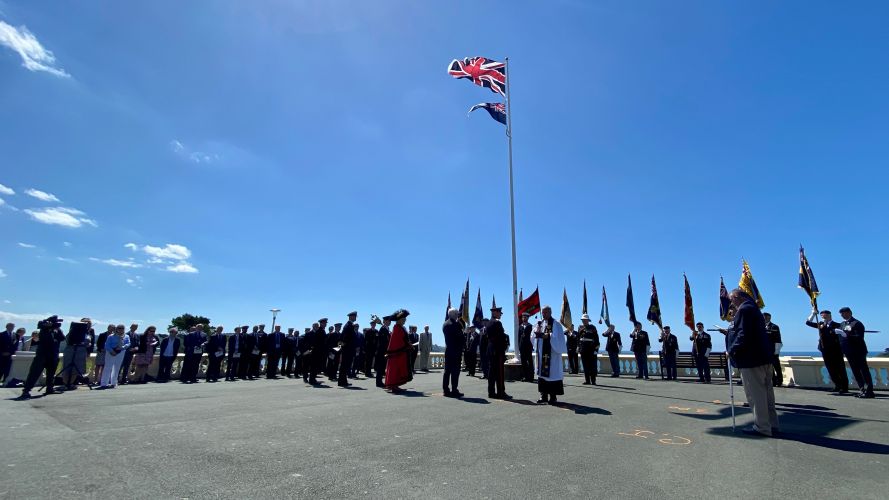 In Plymouth The Falklands flag and the union flag raised in the city to honour the courage and commitment of those who served 14062022 CREDIT BFBS.jpg