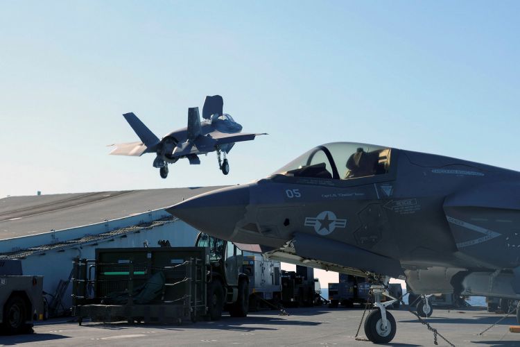 Italy became the first European NATO ally to operate fighter jets from HMS Queen Elizabeth's flight deck (Picture: MOD). Italian F-35B Lightning Jet launching from HMS Queen Elizabeth 211121 CREDIT MOD.jpg