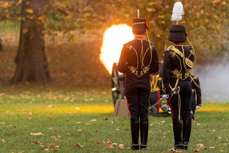 King’s Troop Royal Horse Artillery firing a 41 Gun Salute to mark Prince Charles' birthday in Green Park, London