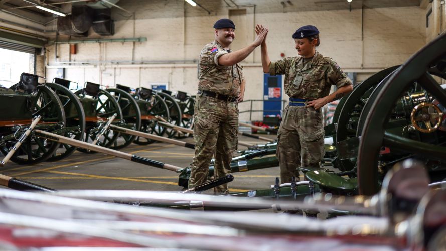King’s Troop Royal Horse Artillery, here make final preparations at Regents Park Barracks, for HM Queen Elizabeth II procession in London.jpg
